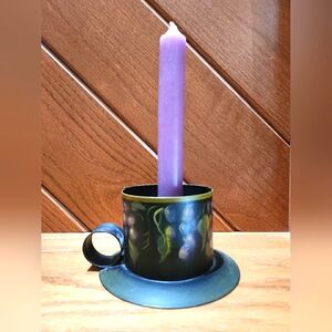 Hand-Painted Tin Candle Holder with Purple Candle